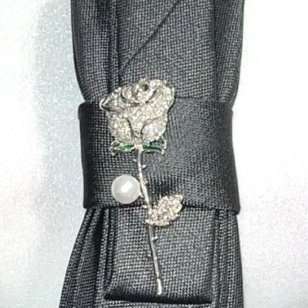 “Dainty Dapper”Elegant Black Tie necklace with Silver long stem rose brooch